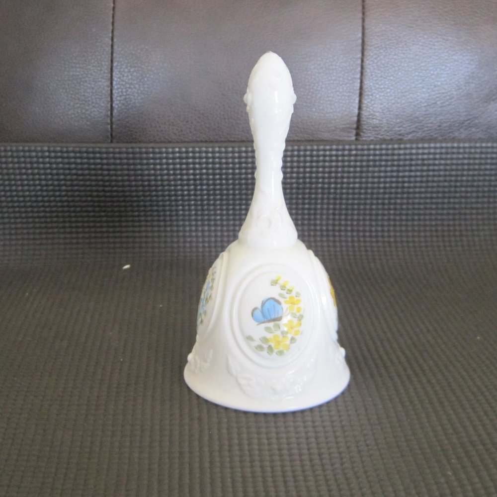 Vintage Fenton White Milk Glass Medallion Bell Hand-Painted Signed Amy Sallee
